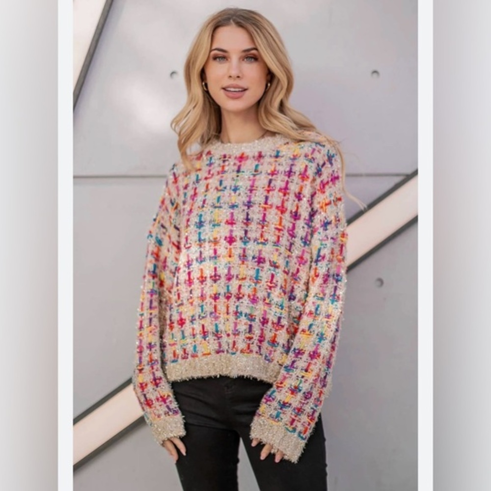Andrew Marc New York Colorful Rainbow Metallic Tweed Sweater NWT